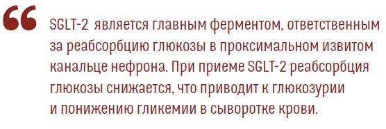 SGLT-2 является главным ферментом, ответственнымза реабсорбцию глюкозы в проксимальном извитомканальце нефрона. При приеме SGLT-2 реабсорбцияглюкозы снижается, что приводит к глюкозуриии понижению гликемии в сыворотке крови.